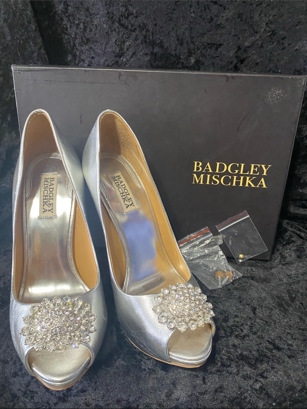 Badgley Mischka Silver Crystal-Embellished Peep-Toe Heels